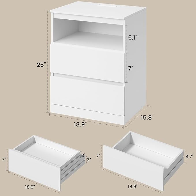 Nightstand with Charging Station and LED Light, 26" H with Hidden Drawer, 3 Drawers, Modern Night Stand for Bedroom, White