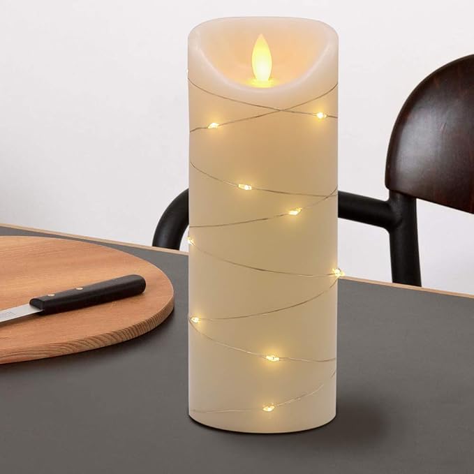 DRomance Large Flameless Pillar Candle String Light with 10-Key Remote and Timer, 2 C Batteries Operated Moving Wick Dancing Flame Real Wax LED Pillar Candle Holiday Season Decor(3 x 8 Inch)