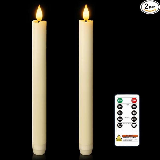 Homemory 2 Pcs Real Wax Made Flameless Taper Candles with Remote and Timer, 9.6" Ivory Battery Operated Candle Stick Flickering, Led Taper Candles with Lifelike Flame for Indoor Home Decor