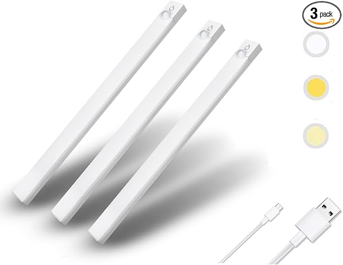 Under Cabinet Lighting 12 Inches Rechargeable Motion Sensor Light Indoor, 3 Color Dimmable Closet Light Battery Operated, USB Stick on LED Magnetic Under Counter Lights for Kitchen Stair, 3Packs
