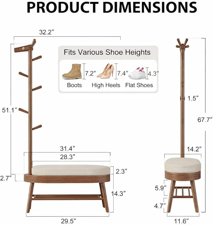 AQIMUELE Shoe Bench Entryway,Coat Rack with Shoe Storage, Coat Rack and Shoe Rack, Wooden Narrow Shoe Bench（Walnut）
