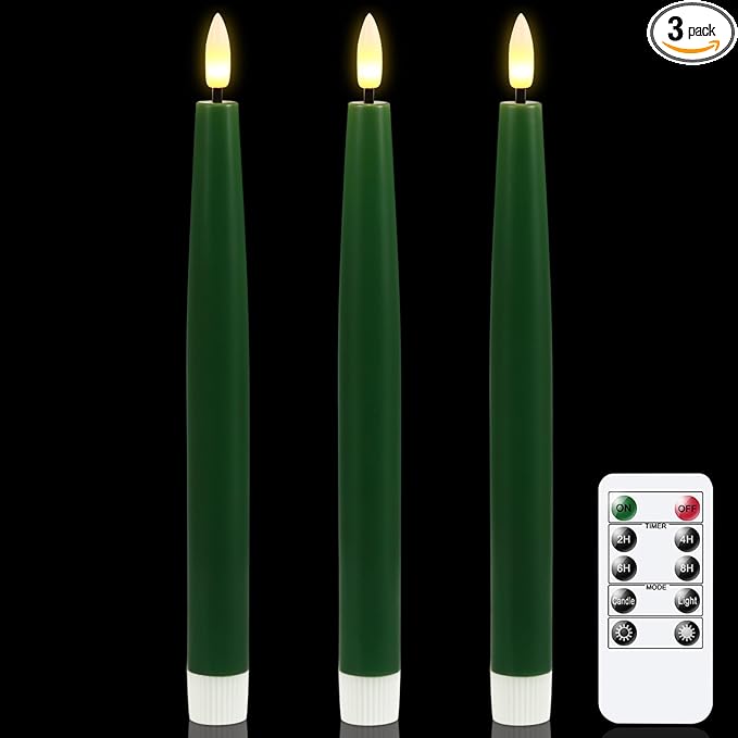 GenSwin Flameless Taper Candles with Remote Timer, Real Wax LED Flickering Candlesticks Battery Operated 3D Wick for Wedding, Party, Home(Christmas Green, 9.84", Set of 3)
