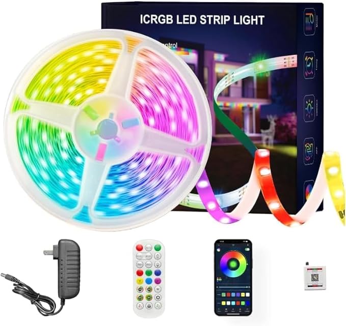 Led Lights for Bedroom 50FT Smart IC+RGB, Music Sync Color Changing Strip Lights, 24Key Remote+App Control Light Strip for BedHead,Underbed,Ceiling,Background Wall