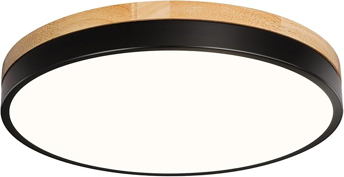 Round LED Flush Mount Ceiling Light, Modern Wood Ceiling Light, Minimalist Ceiling Lamp Black Ceiling Lighting Fixtures for Kitchen Bedroom Laundry Room Living Room Entryway Hallway&11.81 in