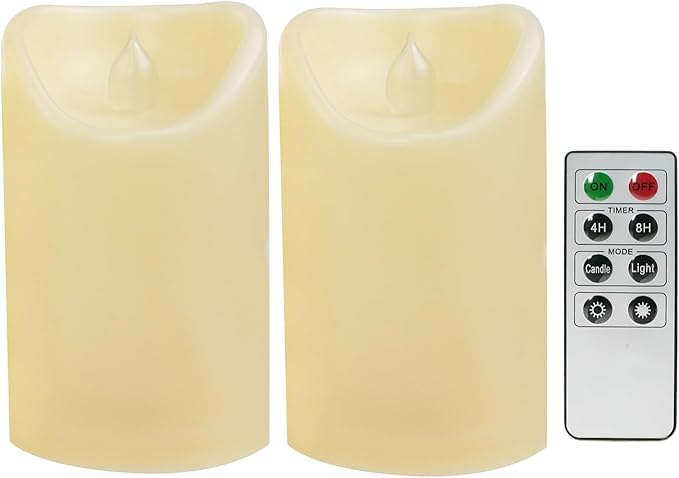 CANDLE CHOICE Outdoor Battery Operated Flameless Candles with Remote Timer Waterproof Flickering Plastic Electric LED Pillar Lights for Lantern Patio Garden Wedding Party Decorations 3x5 Inches 2 Pack