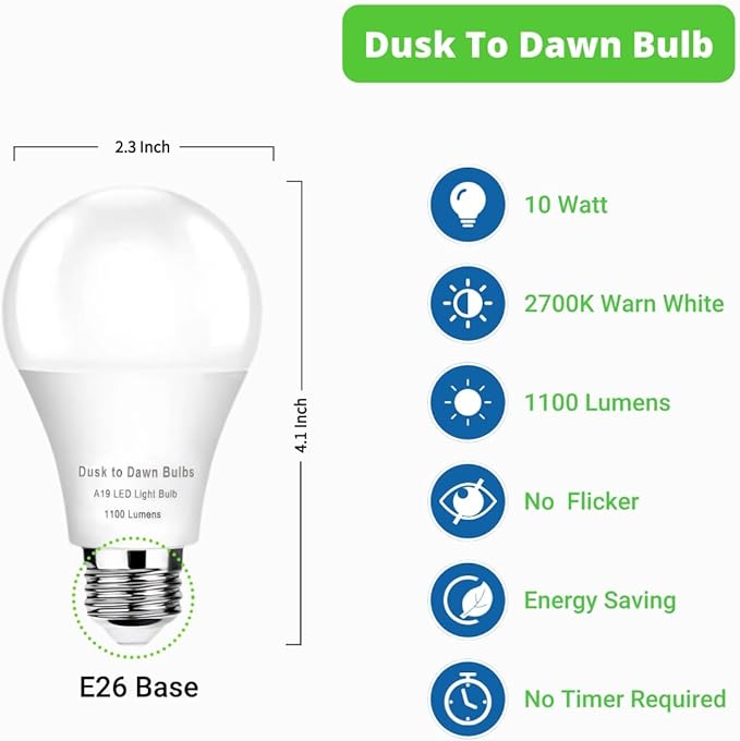 GEPLAD 4 Pack Dusk to Dawn Light Bulbs Outdoor, 2700K Warm White 1100LM,Sensor A19 LED Light Bulb, Auto on/Off Photocell Automatic for Indoor & Outdoor Lighting (Non-Dimmable)