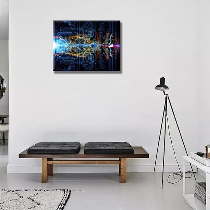 Abstract Technological Background Canvas Wall Art for Living Room Circuit Board Wall Painting Electronic PC Picture for Office Home Wall Decorations Framed Wall Decor Ready to Hang 12X16 INCH