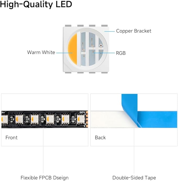 BTF-LIGHTING 5050 RGBW RGB+Warm White(2700K-3000K) 4 Colors in 1 LED 5m 16.4ft 96LED/m DC24V Multi-Colored LED Tape Lights IP30 Non-Waterproof Black PCB for Home Decoration(No Adapter or Controller)
