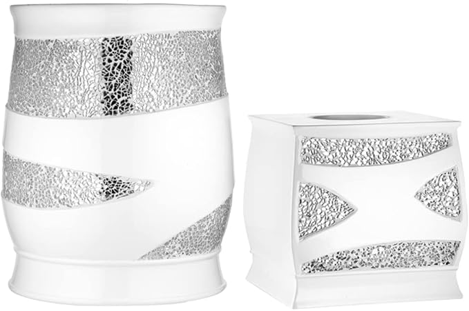 Zahari Home 2pc Sinatra White Modern Bath Accessories Set Waste Basket & Tissue Box Modern Decorative Beautiful Designs Bathroom Decor Set for Home Luxury Bath Set Mosaic Glass