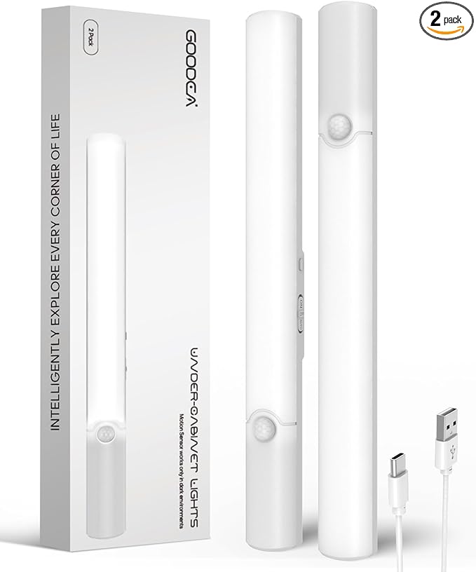 Under Cabinet Lights, 11.8 Inch Motion Sensor Lighting Indoor, 1800mAh Rechargeable Battery Operated Wireless Closet Lights, Magnetic Dimmble Under Counter Lights for Kitchen (2 Pack)