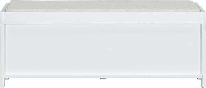 Amposei Modern Classic Storage Bench 43.3-Inch Wooden Entryway Shoe Storage Bench Cabinet with Removable Seat Cushion & Sliding Shutter-Style Doors for Living Room Entrance Hallway, White