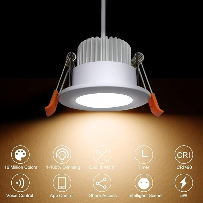YGS-Tech Smart 3 Inch LED Recessed Lighting RGB WiFi Downlight, 5W Compatible with Alexa and Google Home, Dimmable RGB & CCT 2700-6500K Color Changing, 120V Ceiling Light with LED Driver (4 Pack)