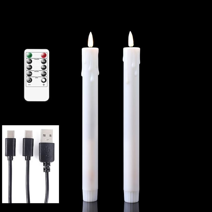Pack of 6 Decorative Rechargeable White Taper Candles with USB Charge Warm White Light 10 Inch,Remote Flameless Christmas LED Window Candlesticks,25.5 cm Plastic Wedding Candles with Timer