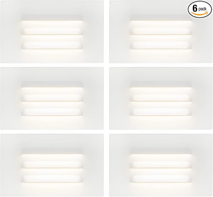GKOLED 120V 110LM Dimmable LED Step Lights Indoor Outdoor, 3.5W Anti Glare Stair Lighting with Horizontal Louvered Faceplate, Waterproof, 3000K Warm White, Aluminum White Finish, ETL Listed, 6 Pack