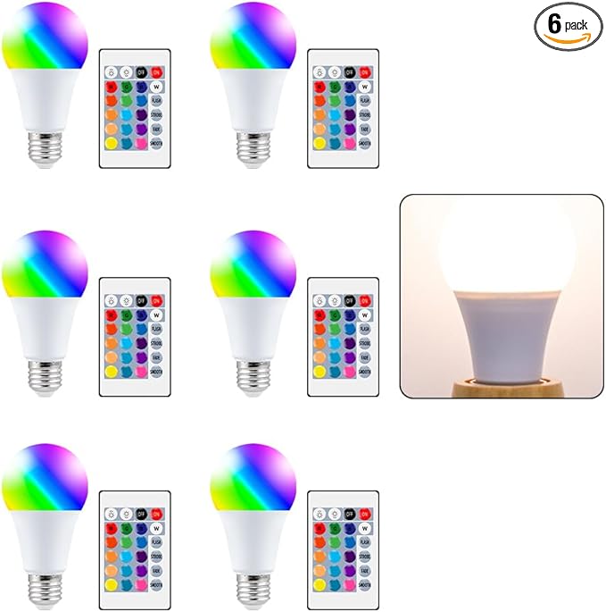 6Pack 10W RGB Light Bulb E27/E26 Timing Multifunction Spotlight 16Colors Changing Dimmable 85-265V Indoor Atmosphere Nightlight 110V Bar Counter KTV Party Festival Background Decorative With IR Remote