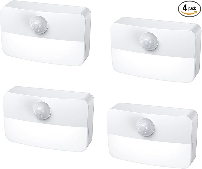 【4 Pack】 Motion Sensor Night Light, Stick-On Motion Sensor Lights Indoor, Battery Powered Under Cabinet Kitchen Lights with Adhesive Pads, Auto/On/Off for Cupboard Wardrobe Stair Kitchen