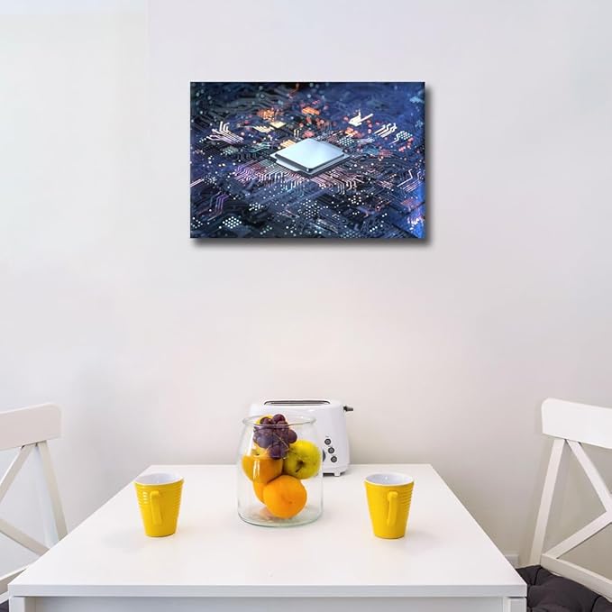 TUMOVO Wall Art for Living Room CPU Concept Canvas Wall Art Circuit Board Contemporary Wall Art Posters and Prints Glowing CPU Modern Artwork Ready to Hang for Bedroom Office, 18x12in