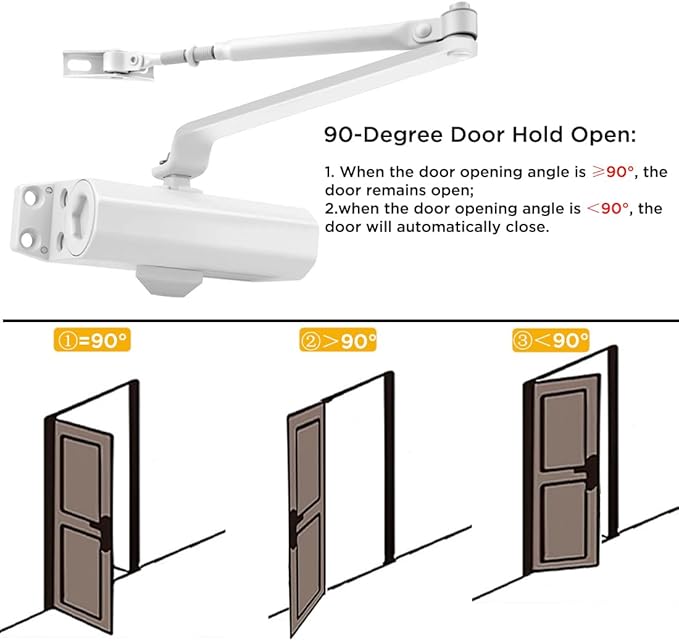 White Automatic Door Closer for Home with Hold Open, Hydraulic Soft Close Door Closers for Residential, Door Slow Closer No Slam, Adjustable Closing Speed, Spring Size 2, for Indoor and Exterior Door