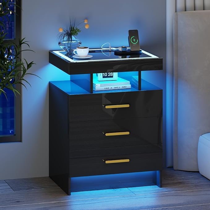 Black Night Stand with Wireless Charging Station,Smart Bedside Table with 3 Drawers,Modern Glass Top End Side Table with 3 Color Dimmable,LED Nightstand for Bedroom