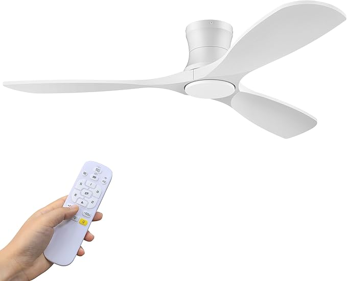 52inch Wood Ceiling Fans with Lights and Remote,Low Profile Modern White Ceiling Fan with Light,Outdoor Indoor Flush Mount Ceiling fan,for Bedroom Living room Patio,3 Blades,Dimmable LED,Quiet
