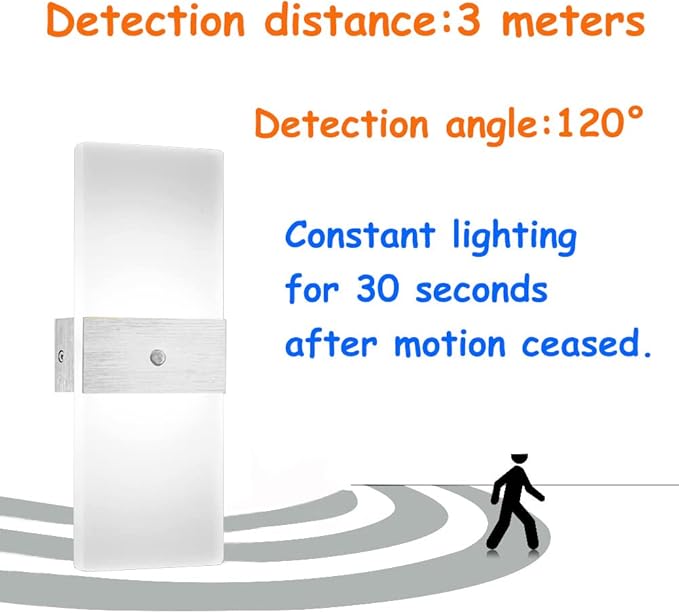 LED Motion Sensor Wall Lamp Security Light 12W SMD 2835 Acrylic Up/Down Wall Sconce Light Motion Activated Porch Lamp Fixture Modern Lighting for Stairway Patio Aisle Brushed Silver 6000K