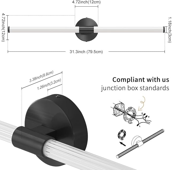 Dimmable LED Bathroom Vanity Lights 360° Full Lighting Bathroom Light Fixtures Over Mirror Vanity Light Bar Modern Wall Sconce 4000K Light for Bedroom Living Room Hardwired Black, 31 inch