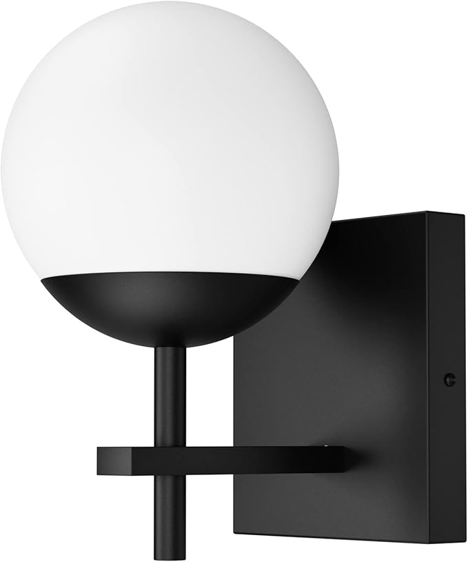 Ralbay Matte Black Wall Sconce, Mid Century Modern Black Wall Light Fixtures Milky Glass Indoor Wall Lamp for Home Decor Bathroom Kitchen Living Room Vanity Hallway, Black 1 Light (Exclude Bulb)