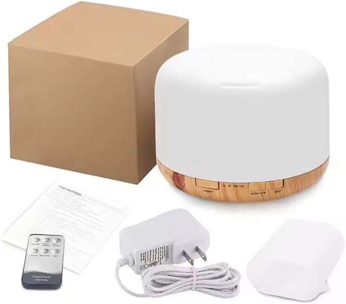500ml Home/Office Aroma Diffuser, Essential & Fragrant Oil Vaporizer with Multi-Color Lighting for Night Stand, Desk, Table, Remote Control, Timer & Auto-Off Switch, Brown, Premium