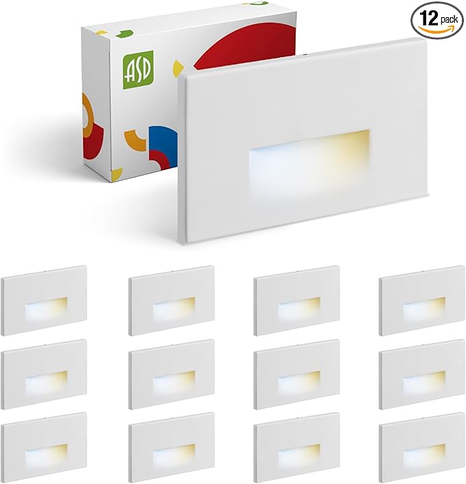 ASD LED Recessed Step Light Fixture, Outdoor & Indoor Stair Tread Lighting | 3CCT, Dimmable, Waterproof, ETL Listed | 3W 120LM 3000K-5000K 120V | Staircase Hardwired Illumination | White, 12 Pack