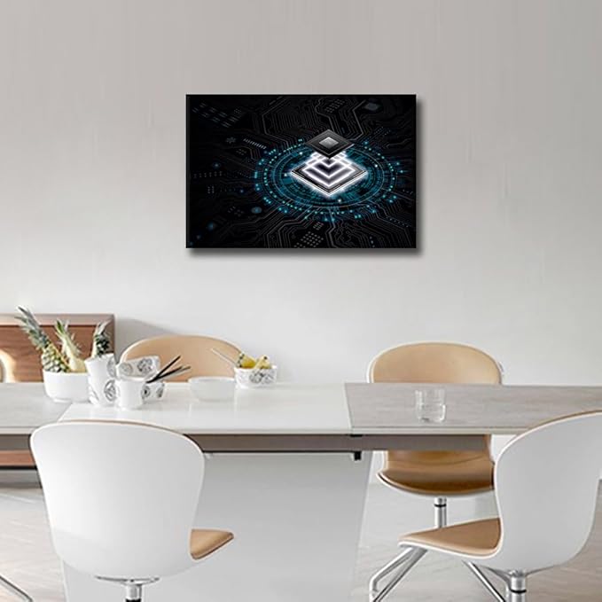 TUMOVO CPU Concept Wall Art Painting on Canvas Technology Digital Art Bedroom Wall Art Modern Home Decor Computer Chip House Decorations for Living Room Pictures Stretched Frame, 18x12in