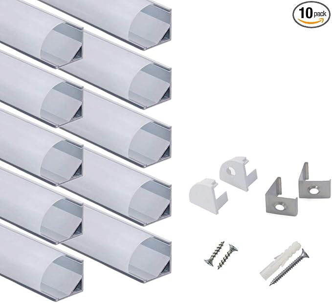 hunhun 10-Pack 3.3ft/1Meter V Shape LED Aluminum Channel System with milky Cover, End Caps and Mounting Clips, Aluminum Profile for LED Strip Light Installations, Very Easy Installation