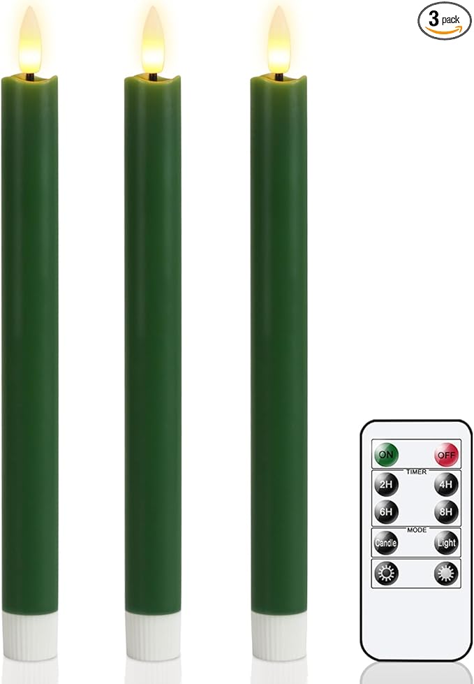 GenSwin FlamelessTaper Candles Flickering with 10-Key Remote, Battery Operated Led Warm 3D Wick Light Window Candles Real Wax Pack of 3, Christmas Home Wedding Decor(Green, 0.78 X 9.64 Inch)