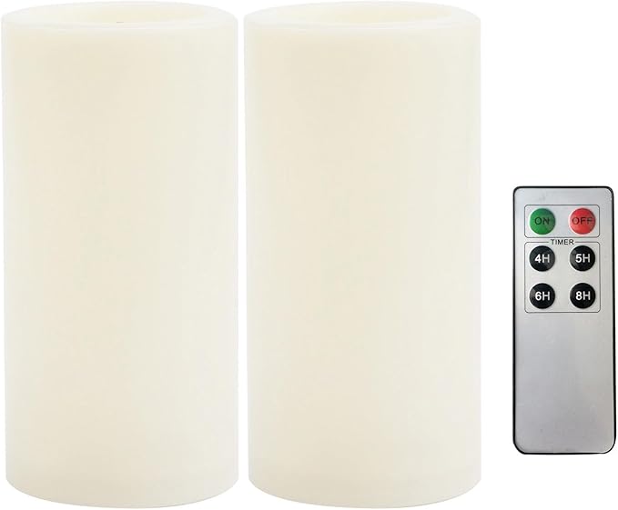 CANDLE CHOICE Outdoor Battery Operated Flameless Candles with Remote Timer Waterproof Flickering Plastic Electric LED Pillar Lights for Lantern Patio Garden Wedding Party Decorations D3”xH6” 2 PCS
