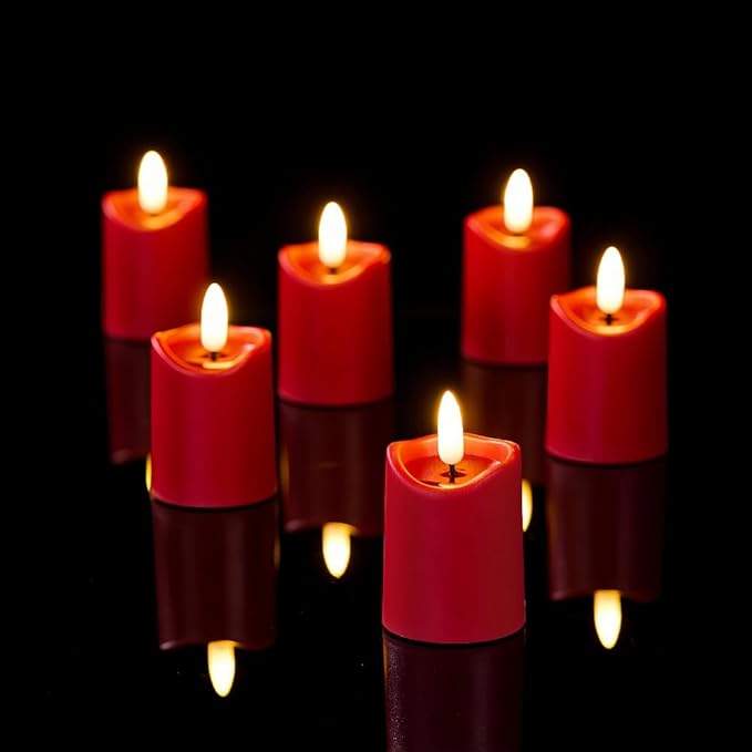 Simplelight Red Flameless Votive Candles with Timer, Realistic Black Wick Valentine’s Day Candles Battery Operated, Battery Included, D 1.8” X H 3.1”, Set of 6 for Wedding, Christmas Decoration (Red)