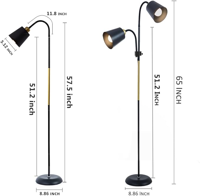 AoMck Floor Reading Lamp, Industrial Metal Floor Lamps for Living Room with Adjustable Bendable, 2 in 1 Reading Table Lamps for Living Room Bedroom Office, 12W Bulb Included (Black-2 Heads)