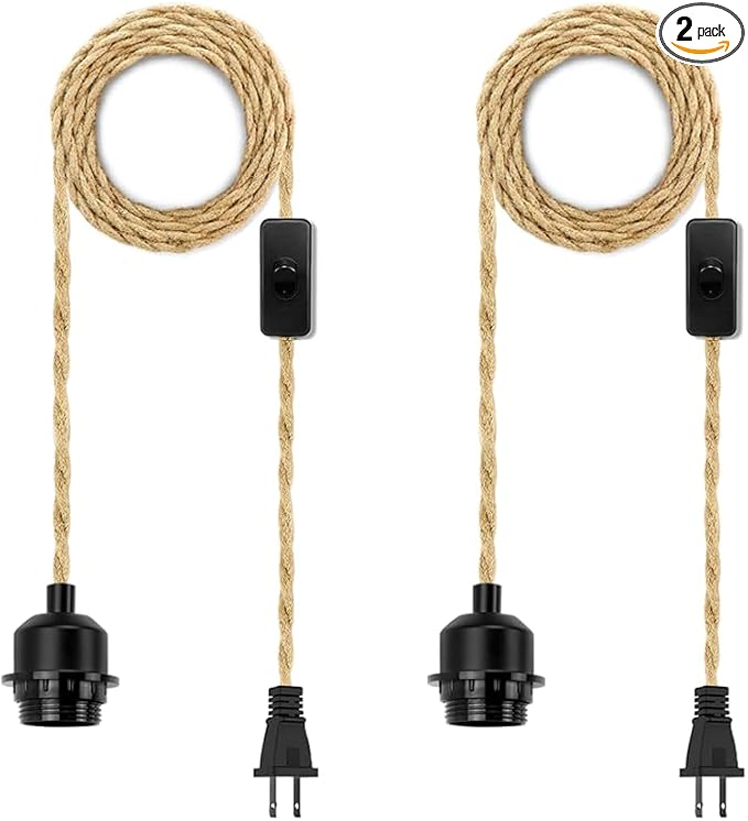 2Pack Plug in Pendant Light Cord, Farmhouse Hanging Lights with Plug in Cord, 15FT Hemp Rope Plugin Hanging Light Cord Kit with On/Off Switch, E26 E27 LightSocketCord