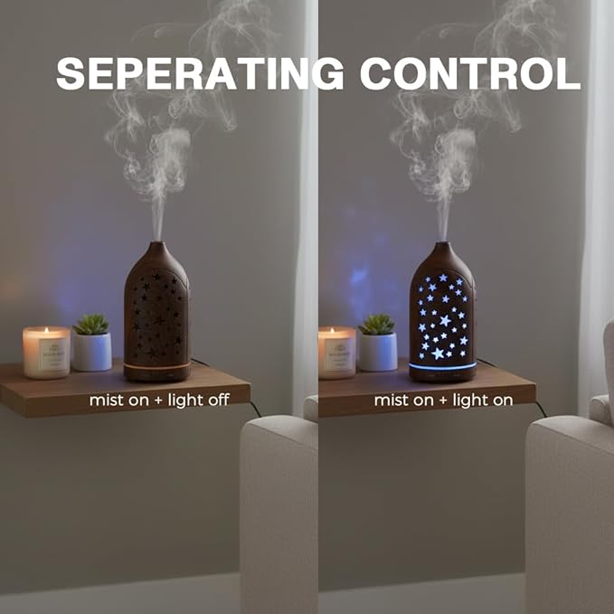 Aromatherapy Diffusers,7.1''x3.5''Diffuser with 3 Essential Oil Set,Small 200ml Office Desk Humidifier with 7 LED Colors Night Lights,Waterless Auto-Off for Home Decor Gift (Star Dark Wood Grain)
