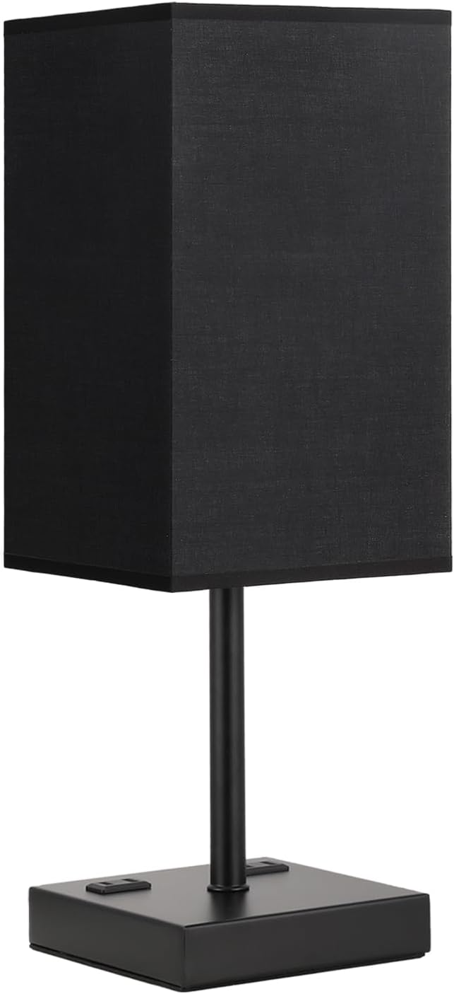 PLUS Black Bedside Lamp for Nightstand - Touch Table Lamp With Type C + A and AC Outlet, Square Charging Lamps For Bedroom Decor, Small Night Light For Office, Dorm Lamp For Men, E26 Bulb Included