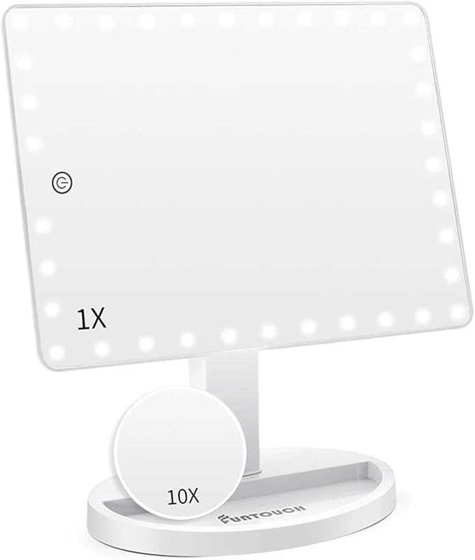 FUNTOUCH Large Lighted Makeup Mirror with Lights, Light Up Mirror with Small 10x Magnification for Desk, 360°Rotation Touch Screen,Brightness Adjustable Tabletop Cosmetic Vanity Make Up Mirror