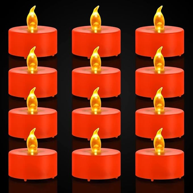 Battery Operated Tea Lights Candles - 12 Pack LED Tea Candles Lamp Realistic and Bright Flickering Holiday Gift Operated Flameless LED Votive Light for Seasonal & Festival Celebration (Orange)
