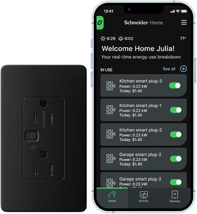 Square D by Schneider Electric X Series 15A 125V Wi-Fi Energy Monitoring Socket Outlet, Tamper Resistant, Needs Neutral Wire, Matter Certified, Compatible with Alexa, Google Home, Apple Home, Black