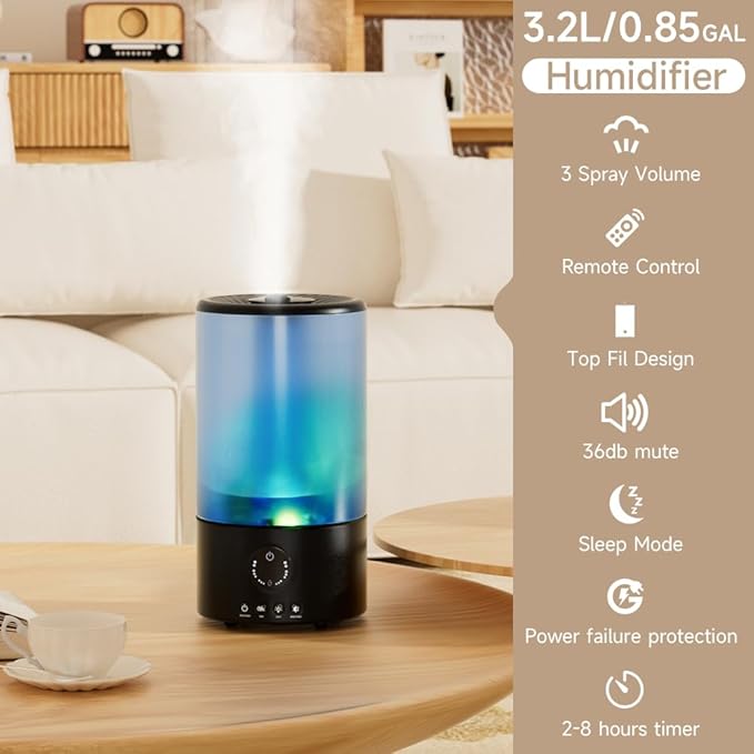 Humidifiers for Bedroom, 3.2L Quiet Ultrasonic Cool Mist Humidifier with 360° Nozzle, 18H Runtime, Timer (1/2/4/8H), Auto Shut-Off, 7-Color RGB Light, Adjustable Mist, for Home, Nursery & Plants