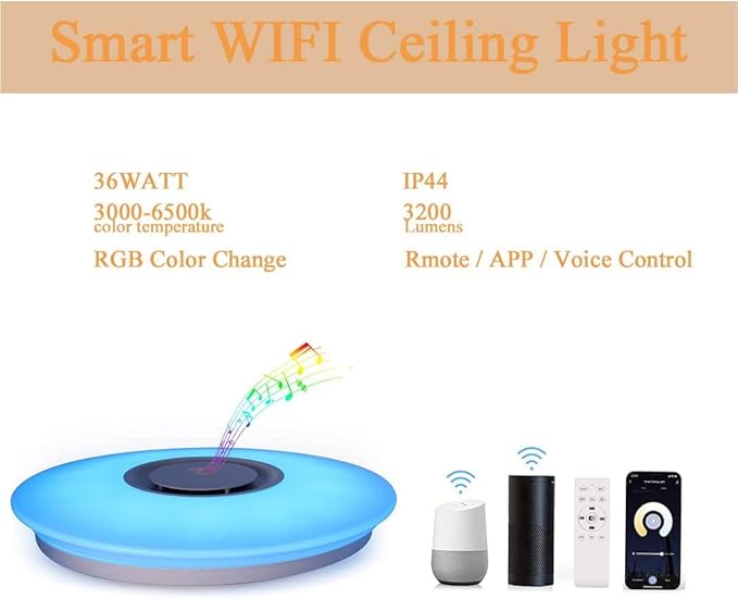 HOREVO Ceiling Lights with Bluetooth Speaker, 15 inch Smart Ceiling Lamp Compatible with Alexa and Google Home,Room Light for Bedroom, Living Room