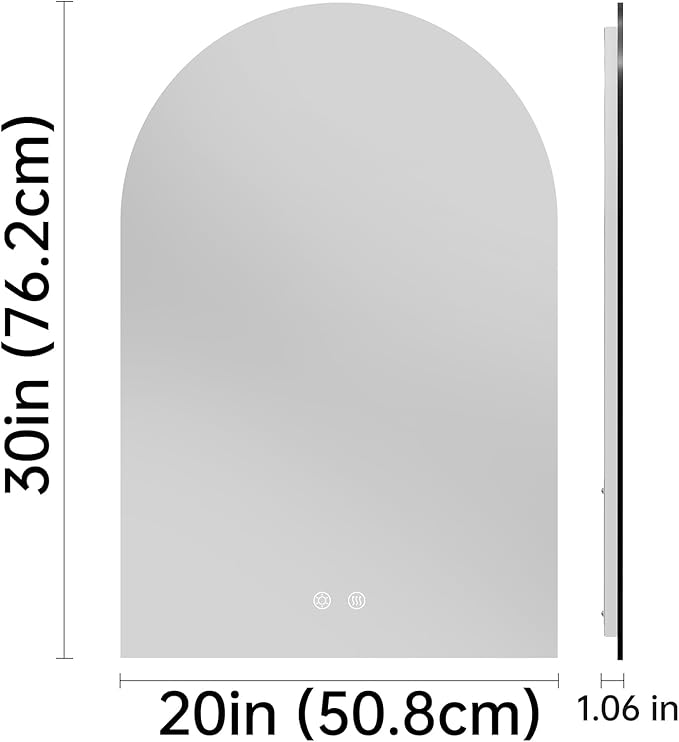 Arched Backlit Mirror Bathroom 20"x30"- Frameless LED Bathroom Mirror with Lights, Fogless, Dimmable, 3 Color Changing, Shatterproof, Touch Sensor