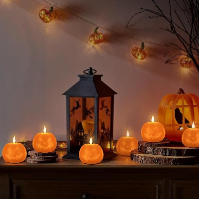 Rechargeable Flameless Candle, Flameless Pumpkin Candle with Timer Remote,LED Real Wax Pumpkin Lamp,Room Bedroom Table Decor, 1 Set of 2