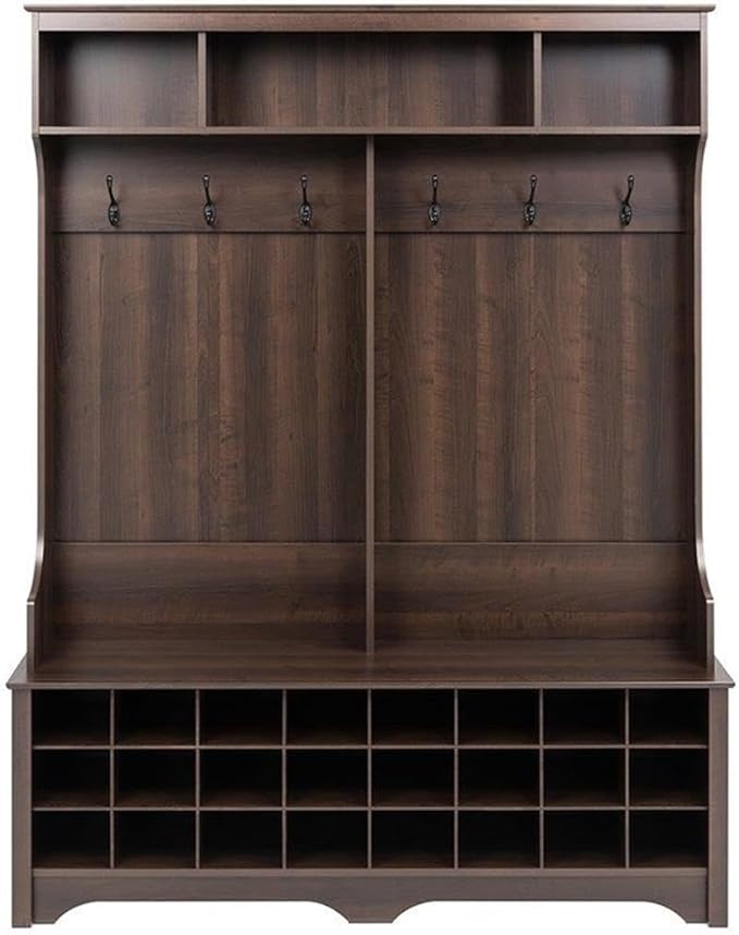 Prepac Brown Hall Tree, Shoe Cabinet, Storage Cabinet with 24 Shoe Cubbies and 6 Double Coat Hooks 15.5" D x 60" W x 77" H