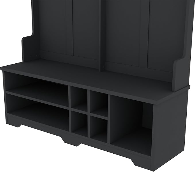 Modern Entryway 3-Tier Hall Tree, Coat Rack with Shoe Storage, Bench Seat, 6 Metal Hooks and Open Shelves, for Organized Homes (Black)