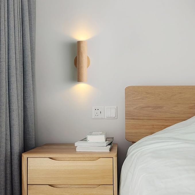 Japanese Style Wall Light, 9.8 in Minimalist Columnar Wood Wall Lamp, Hardwired Interior Wall Sconces, Bedroom Hallway Living Room Wall Mounted Lighting Fixtures