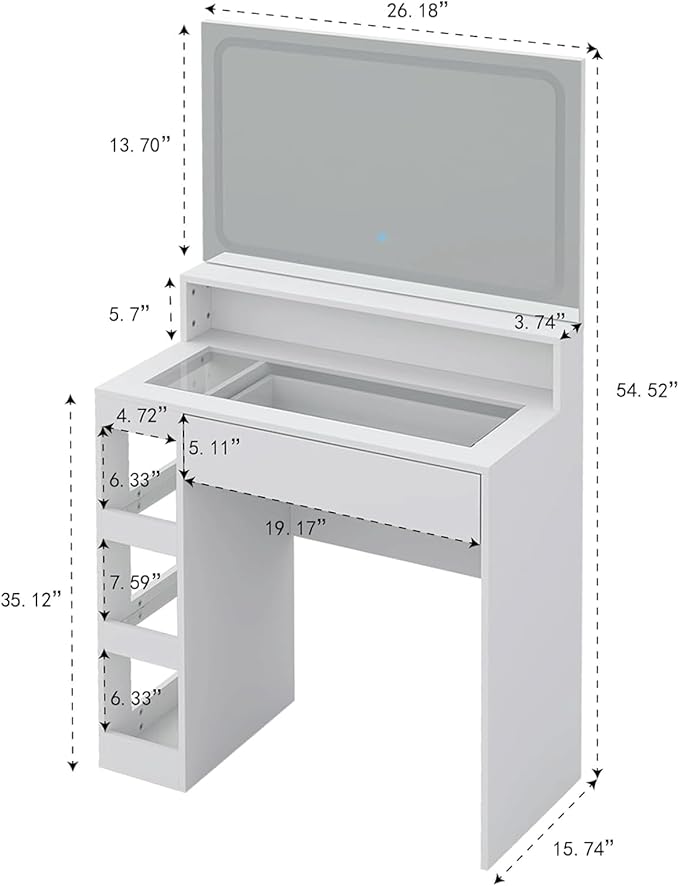 Makeup Vanity Desk with Mirror and Lights, LED Tempered Glass Top, 3 Lighting Modes Brightness Adjustable,Power Outlet,Bedroom Dressing Table, Snow White