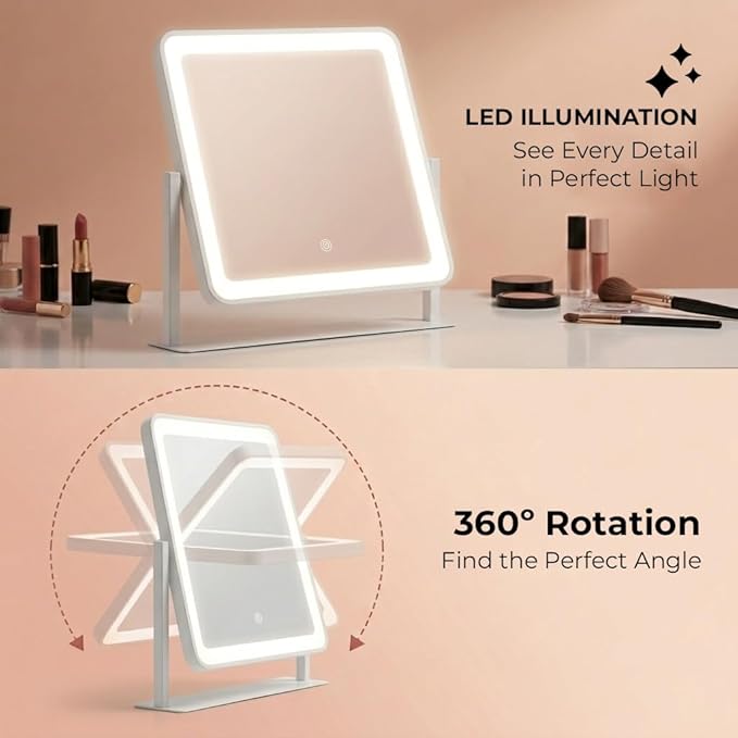 Vanity Mirror with Lights, 12"×14" Makeup Mirror with Lights, LED Makeup Mirror, Smart Touch with 3 Color Lighting Modes, Brightness Adjustable, for Bedroom Tabletop - White